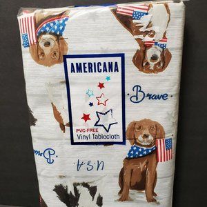 Americana Dogs Vinyl Tablecloth, 60" Round, Fourth of July Barbecue Decor NWT